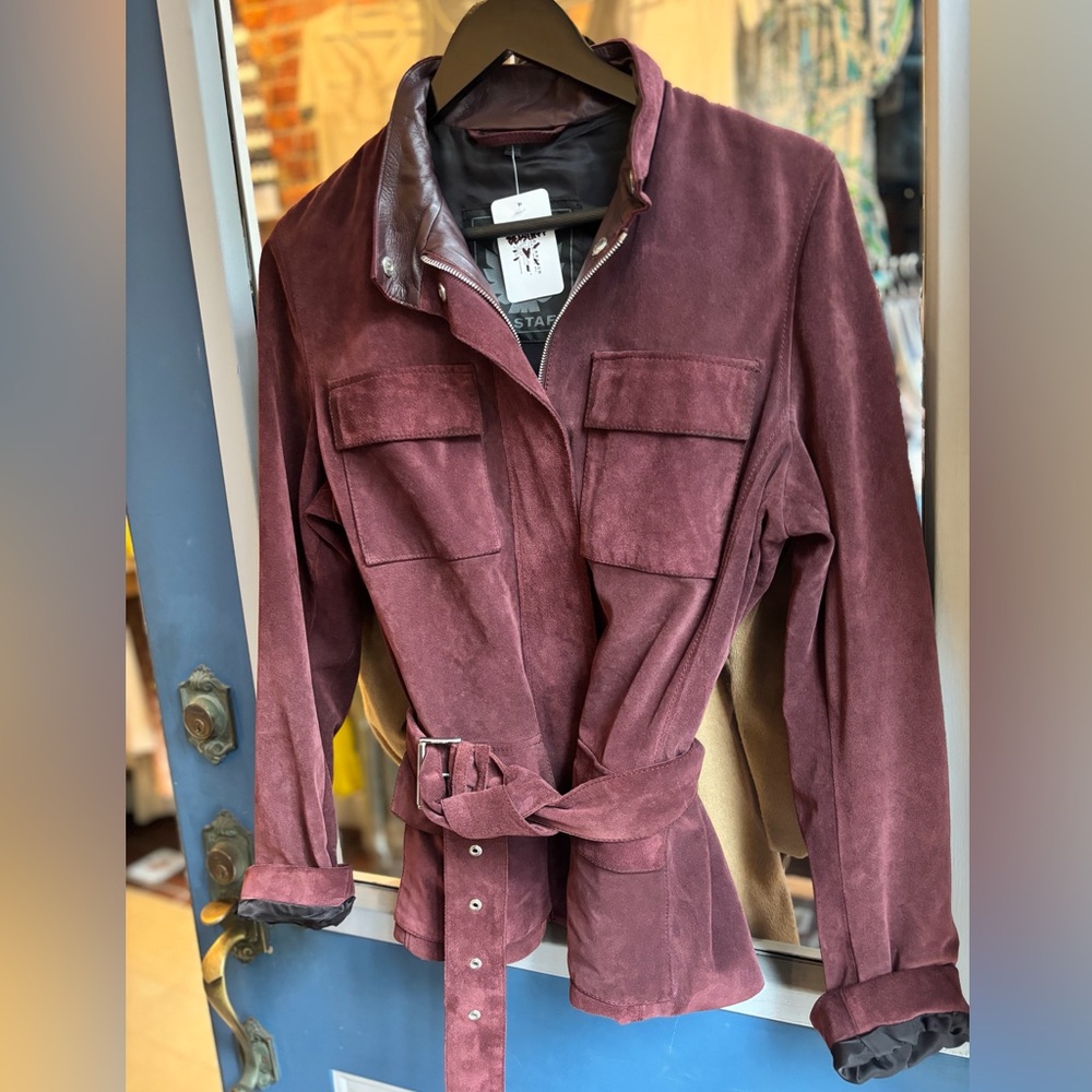 Belstaff Aubergine Suede Bomber Jacket Silver Hardware